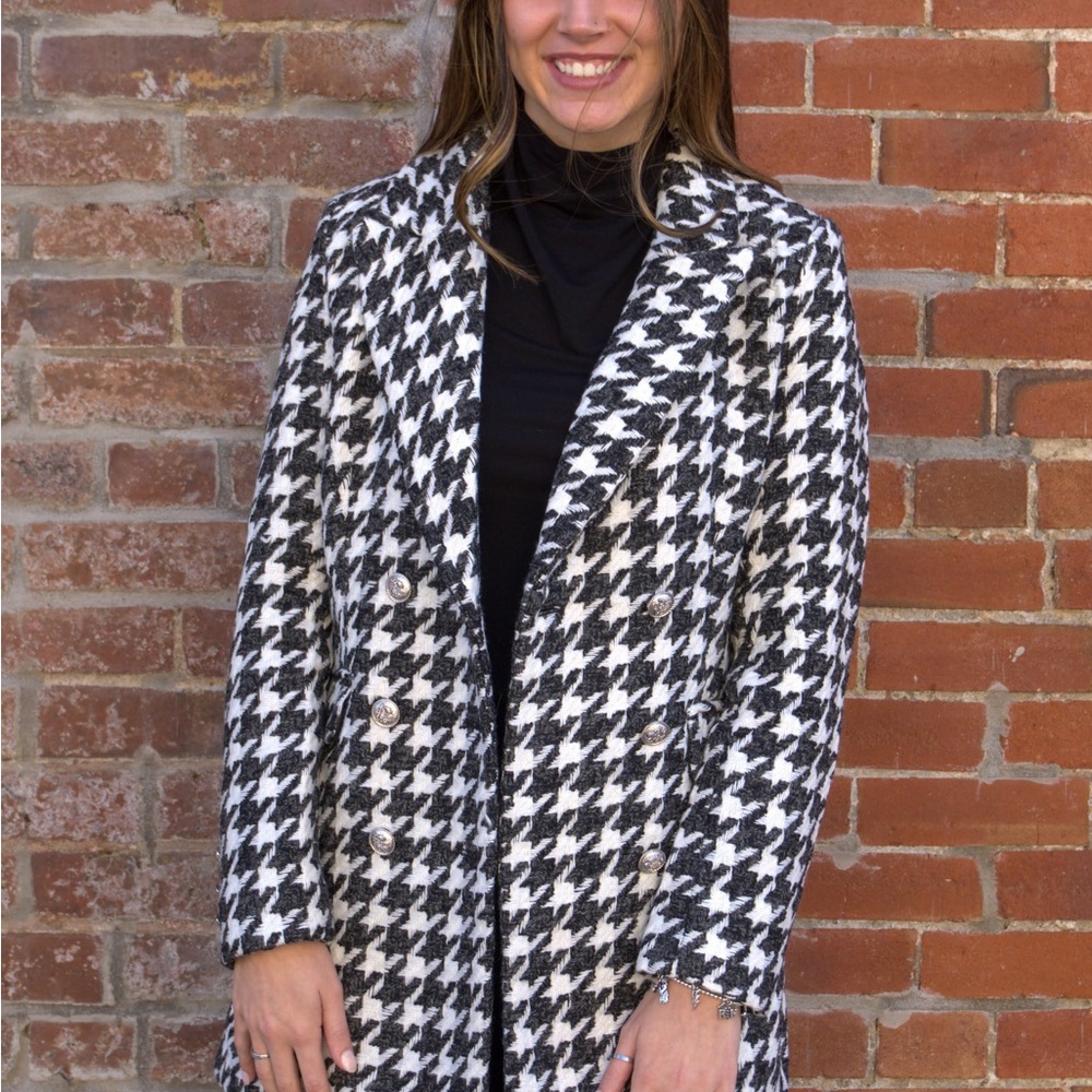 Houndstooth double-breasted mid-length jacket
